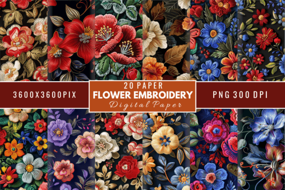 Flower Embroidery Digital Papers Bundle