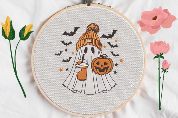 Ghost Coffee Pumpkin Halloween Embroidery